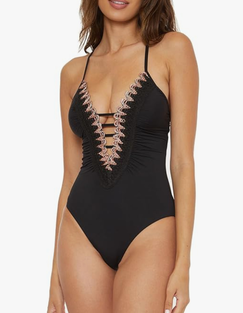 BECCA Women's Layla Plunge One-Piece Swimsuit Small Black Open Back NWT